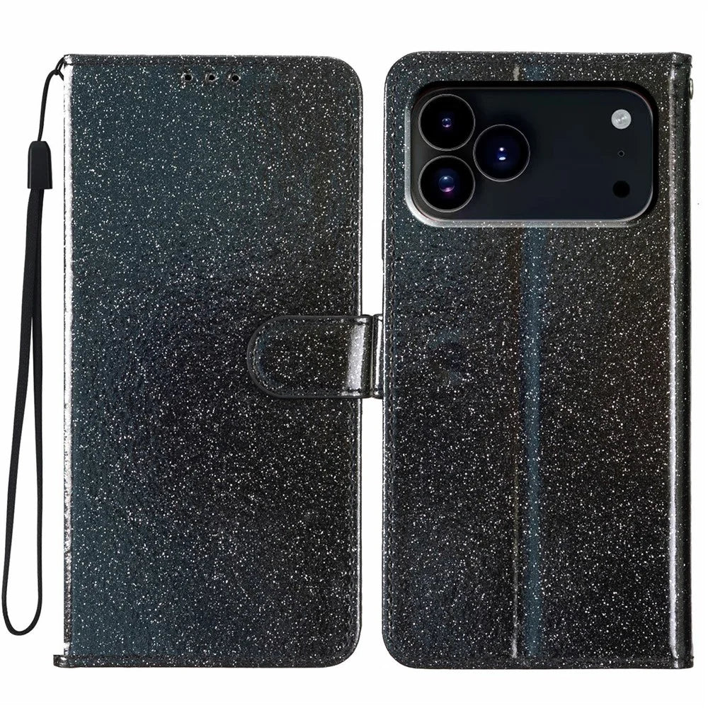 For iPhone 18 Pro Max / 17 Pro Max Wallet Case Glitter Anti-Scratch Leather Stand Phone Cover with Strap - Black - 1