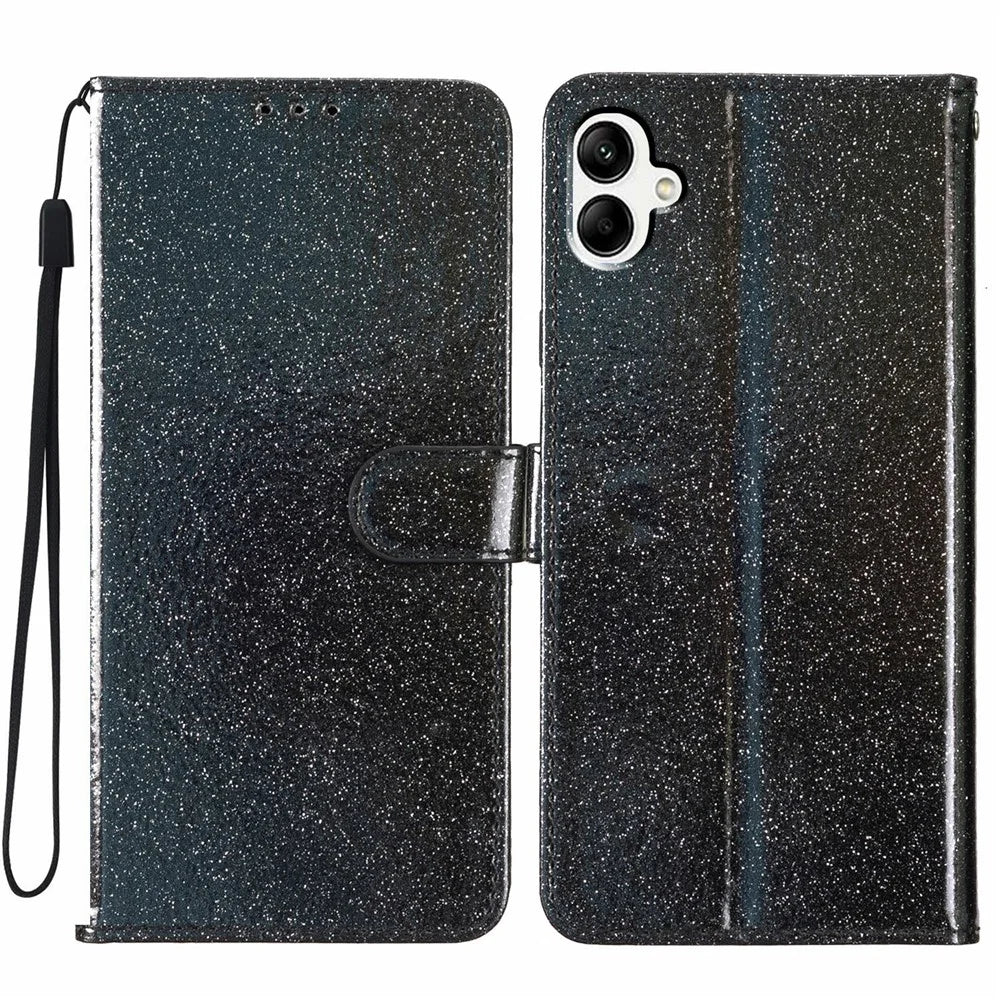 For Samsung Galaxy A08 5G / A08 4G / A07 4G Wallet Case Glitter Anti-Scratch Leather Stand Phone Cover with Strap - Black - 1