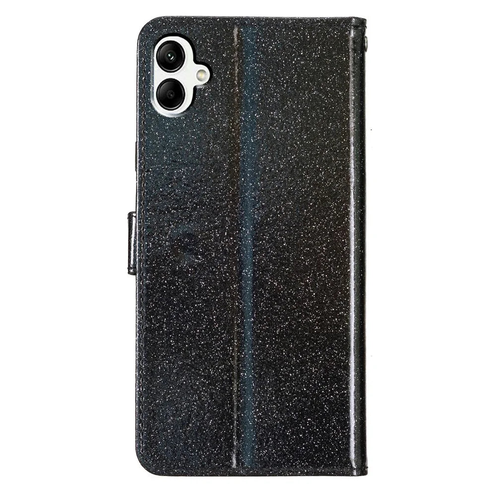 For Samsung Galaxy A08 5G / A08 4G / A07 4G Wallet Case Glitter Anti-Scratch Leather Stand Phone Cover with Strap - Black - 6