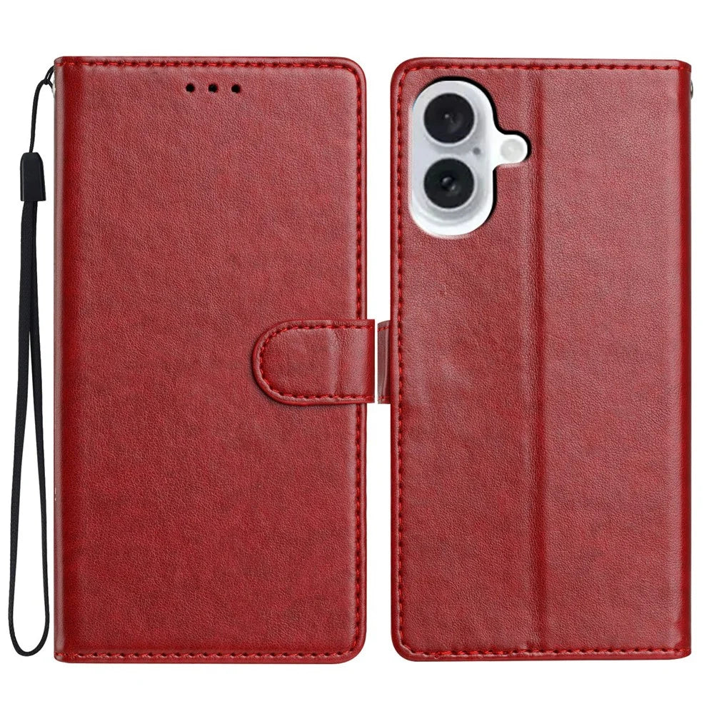 For iPhone 17 Leather Case Wallet Stand Phone Cover with Handy Strap - Red - 1