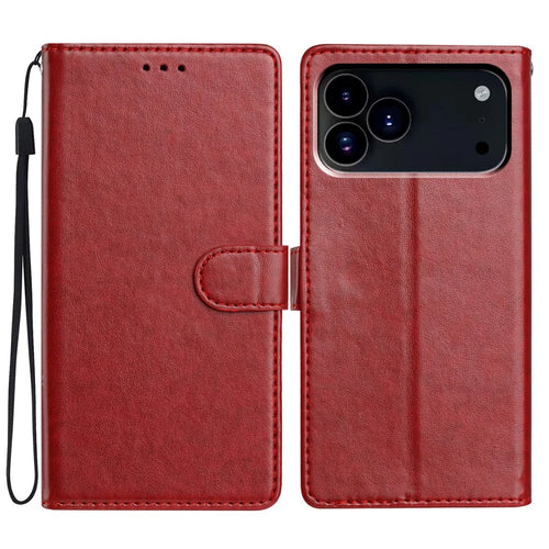 For iPhone 18 Pro / 17 Pro Leather Case Wallet Stand Phone Cover with Handy Strap - Red - 1