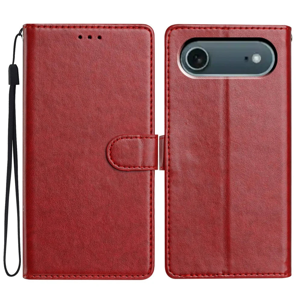 For iPhone Air Leather Case Wallet Stand Phone Cover with Handy Strap - Red - 1