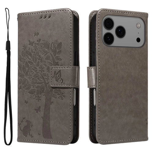 For iPhone 18 Pro Max / 17 Pro Max Phone Case with Stand Cat Tree Pattern Leather Wallet Mobile Cover - Grey - 1