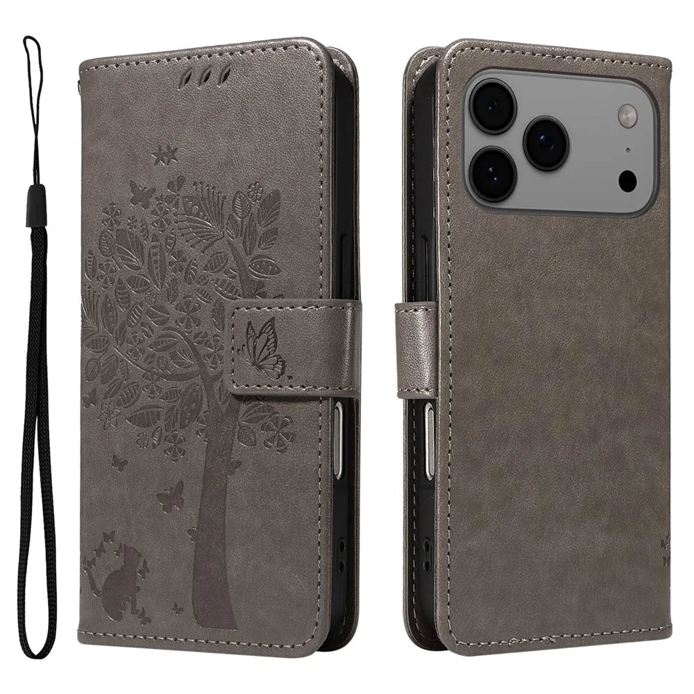 For iPhone 18 Pro Max / 17 Pro Max Phone Case with Stand Cat Tree Pattern Leather Wallet Mobile Cover - Grey - 1
