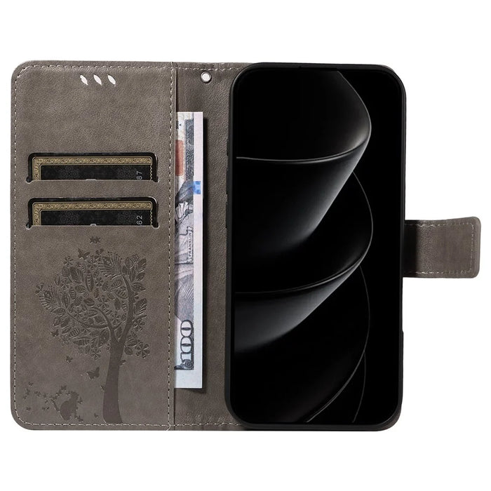 For iPhone 18 Pro Max / 17 Pro Max Phone Case with Stand Cat Tree Pattern Leather Wallet Mobile Cover - Grey - 2