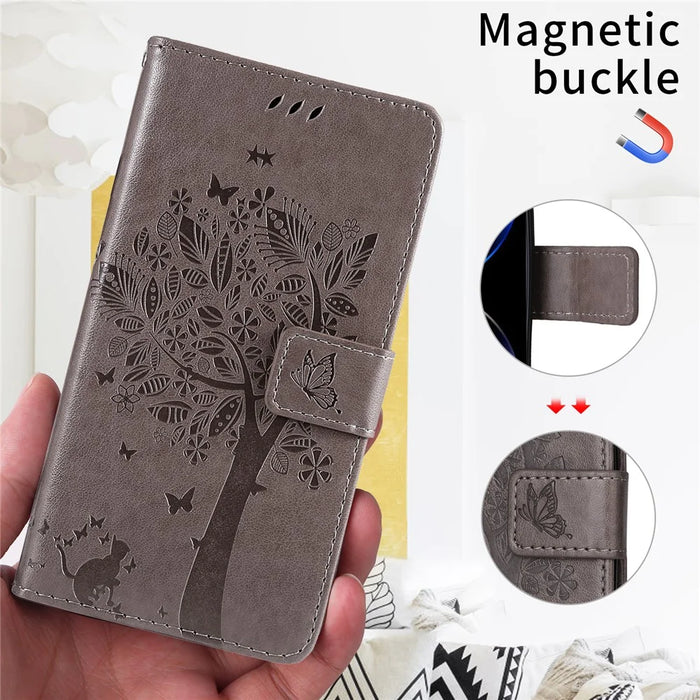 For iPhone 18 Pro Max / 17 Pro Max Phone Case with Stand Cat Tree Pattern Leather Wallet Mobile Cover - Grey - 3