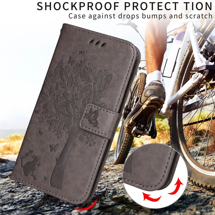 For iPhone 18 Pro Max / 17 Pro Max Phone Case with Stand Cat Tree Pattern Leather Wallet Mobile Cover - Grey - 4
