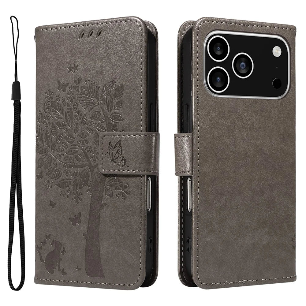 For iPhone 18 Pro / 17 Pro Phone Case with Stand Cat Tree Pattern Leather Wallet Mobile Cover - Grey - 1