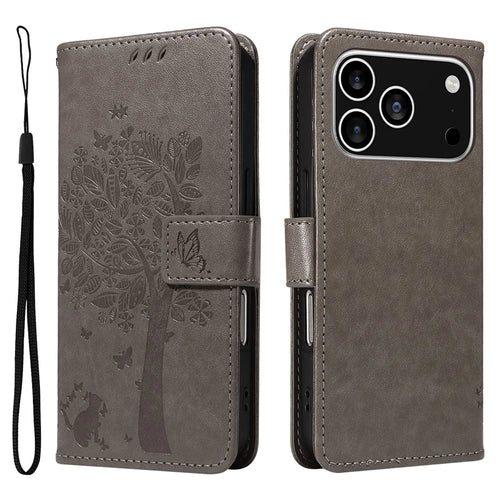 For iPhone 18 Pro / 17 Pro Phone Case with Stand Cat Tree Pattern Leather Wallet Mobile Cover - Grey - 1