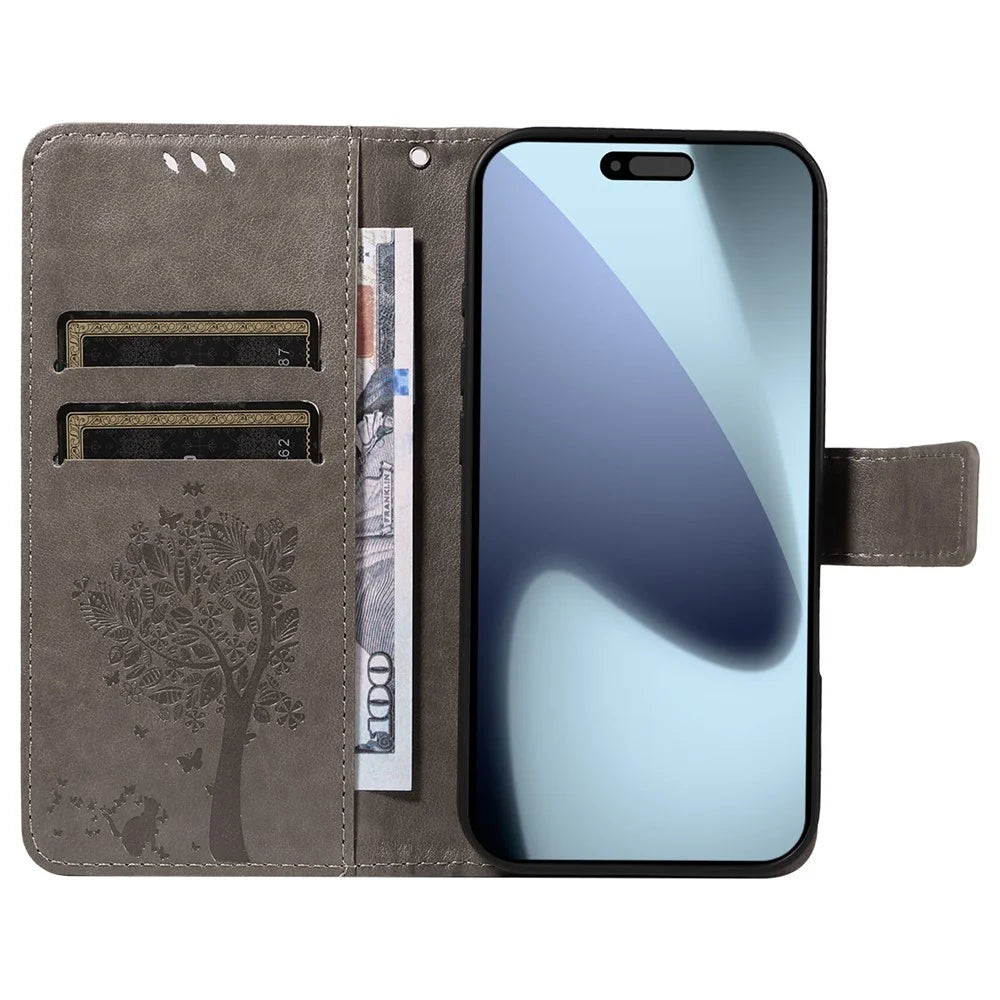 For iPhone 18 Pro / 17 Pro Phone Case with Stand Cat Tree Pattern Leather Wallet Mobile Cover - Grey - 2