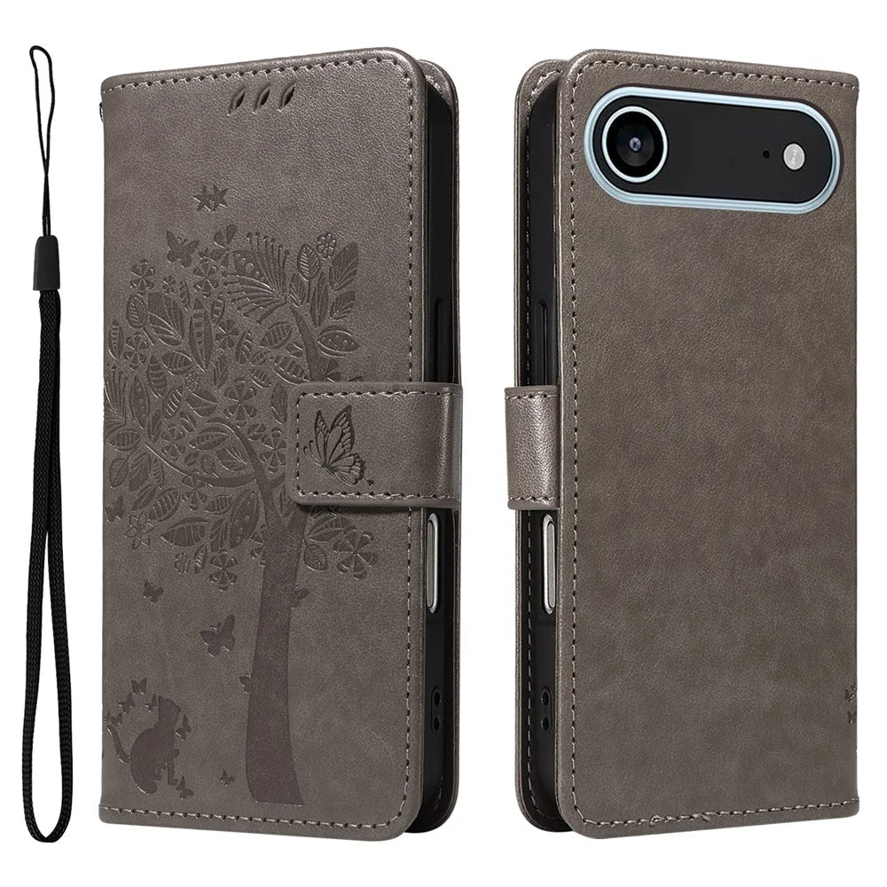 For iPhone Air Phone Case with Stand Cat Tree Pattern Leather Wallet Mobile Cover - Grey - 1