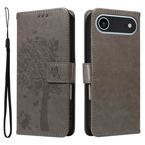 For iPhone Air Phone Case with Stand Cat Tree Pattern Leather Wallet Mobile Cover - Grey - 1