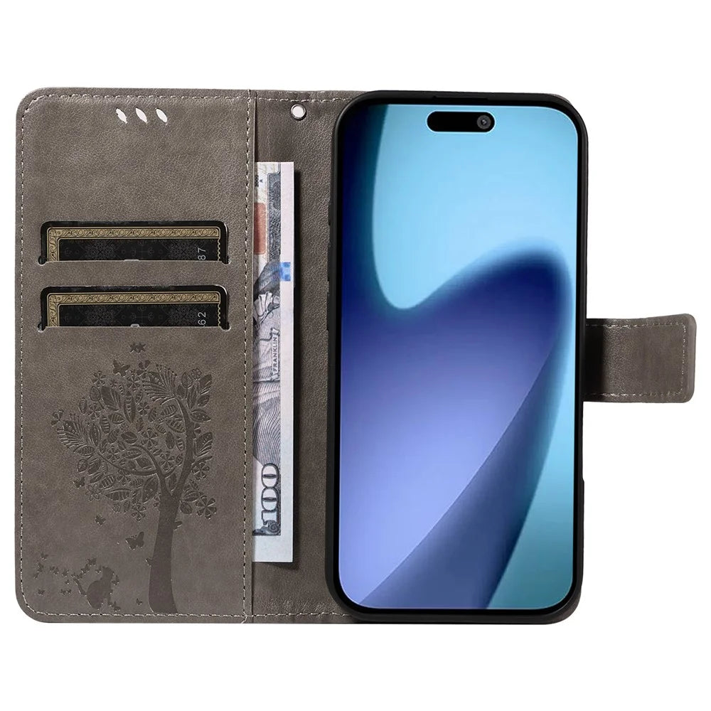 For iPhone Air Phone Case with Stand Cat Tree Pattern Leather Wallet Mobile Cover - Grey - 2