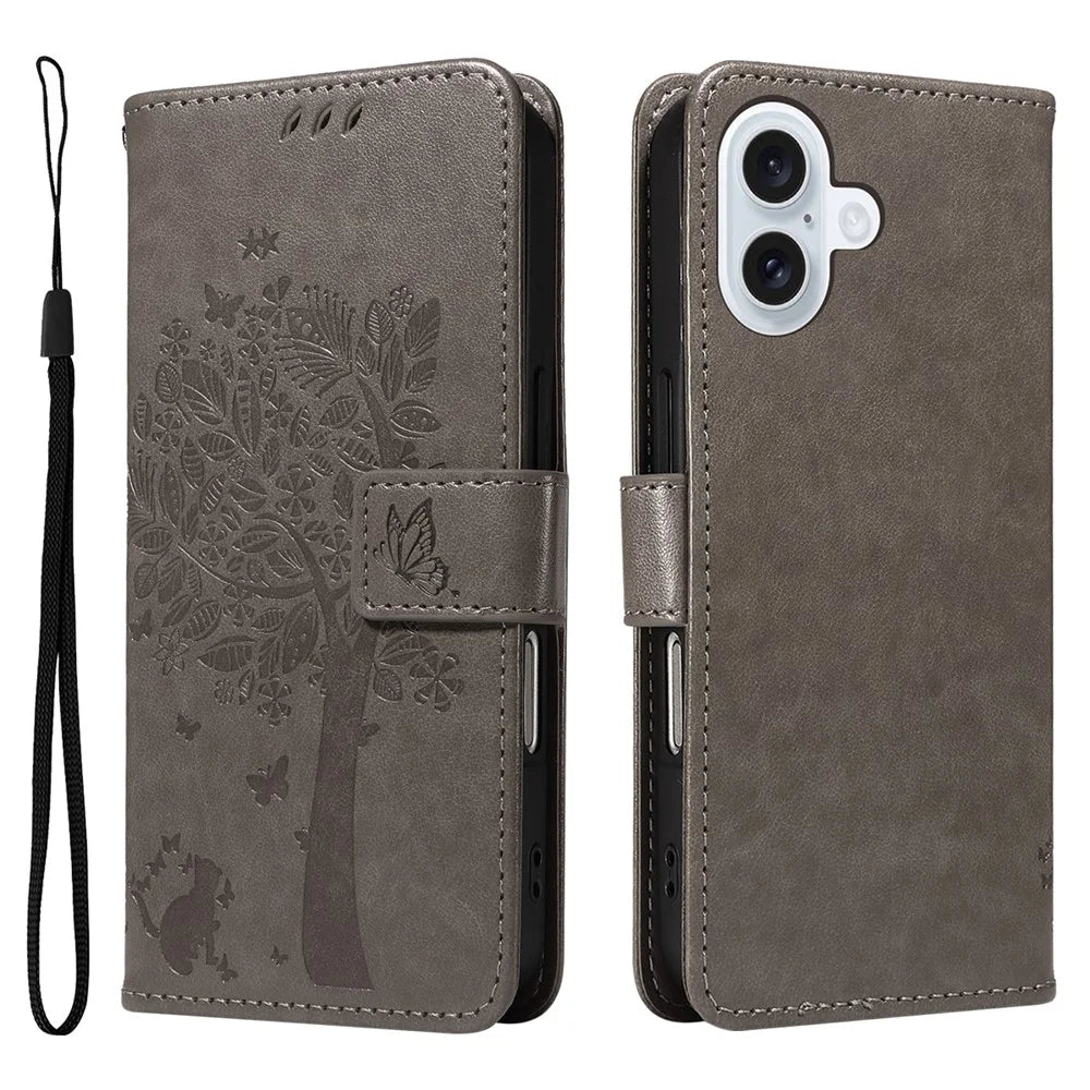 For iPhone 17 Phone Case with Stand Cat Tree Pattern Leather Wallet Mobile Cover - Grey - 1