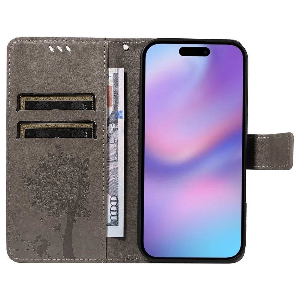 For iPhone 17 Phone Case with Stand Cat Tree Pattern Leather Wallet Mobile Cover - Grey - 2