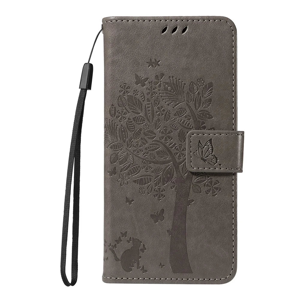For iPhone 17 Phone Case with Stand Cat Tree Pattern Leather Wallet Mobile Cover - Grey - 7