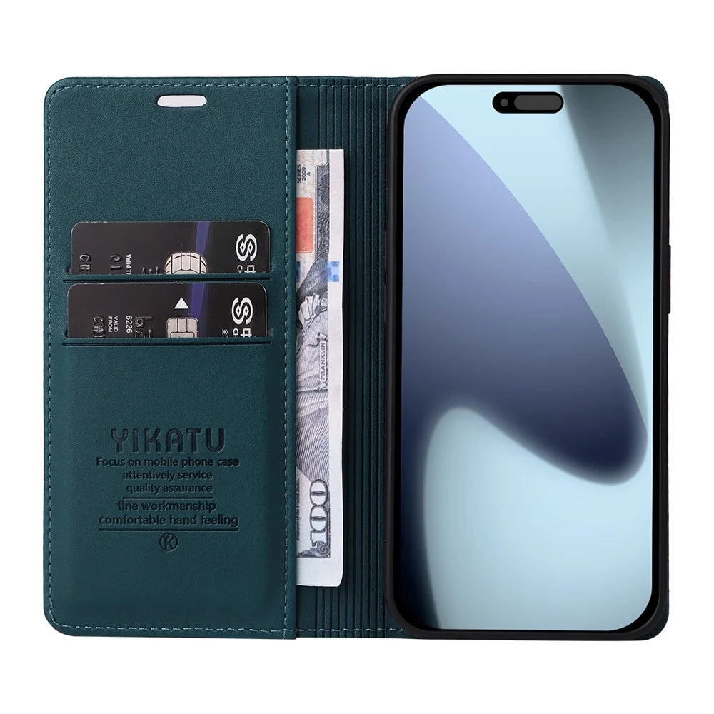 YIKATU For iPhone 18 Pro / 17 Pro Phone Cases  Magnetic Closure PU Leather Mobile Cover - Green - 2