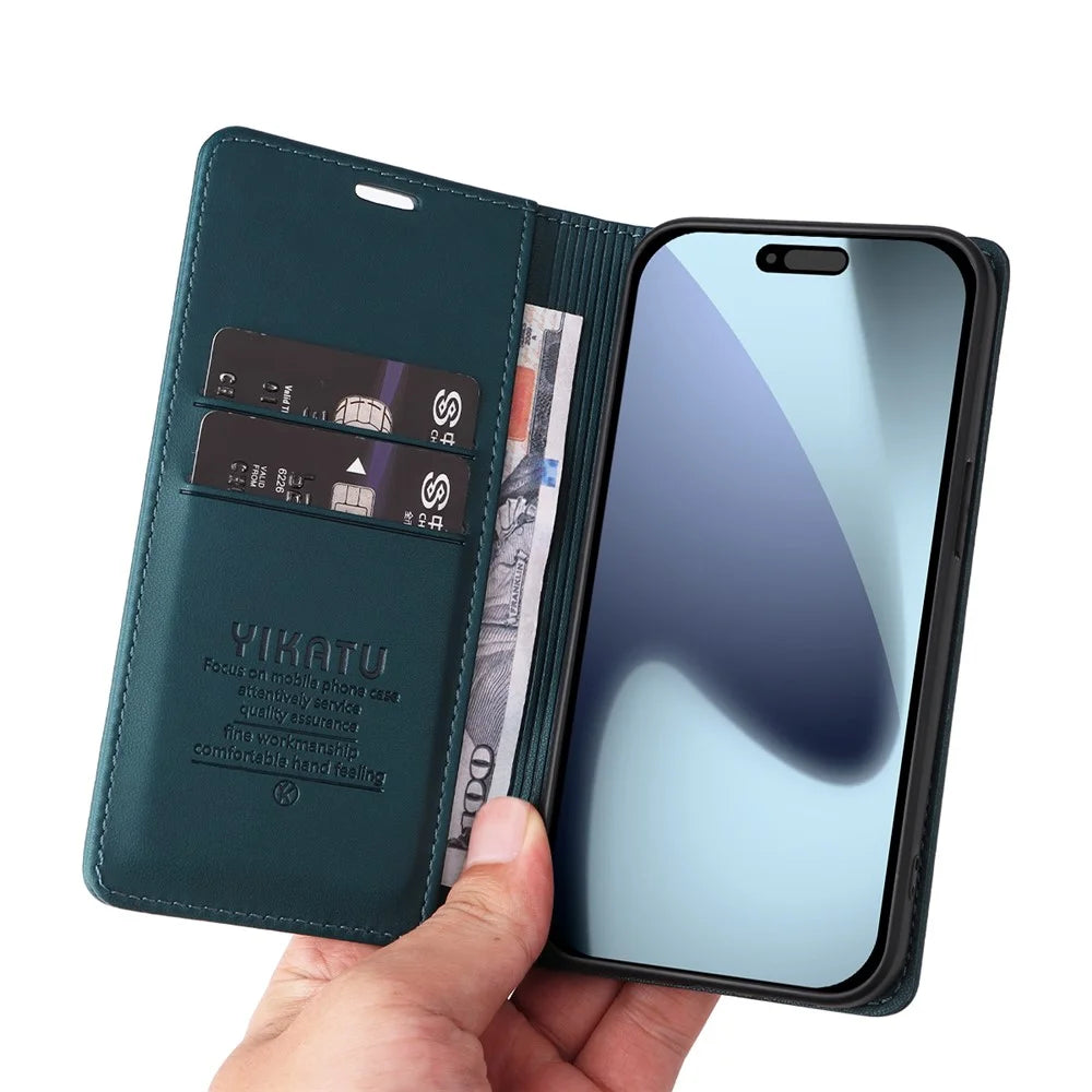 YIKATU For iPhone 18 Pro / 17 Pro Phone Cases  Magnetic Closure PU Leather Mobile Cover - Green - 4