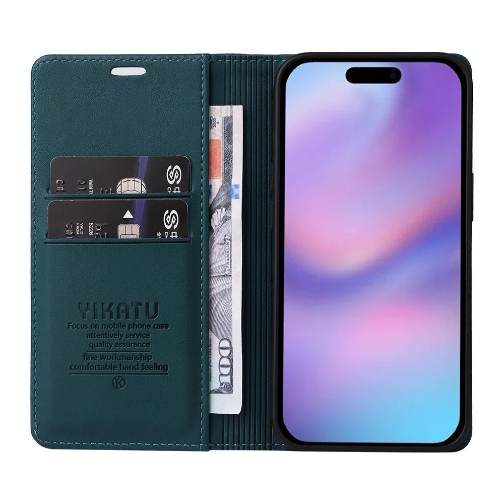 YIKATU For iPhone 17 Phone Cases  Magnetic Closure PU Leather Mobile Cover - Green - 2