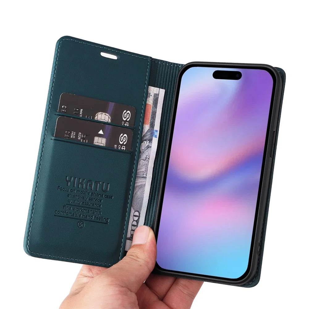 YIKATU For iPhone 17 Phone Cases  Magnetic Closure PU Leather Mobile Cover - Green - 4