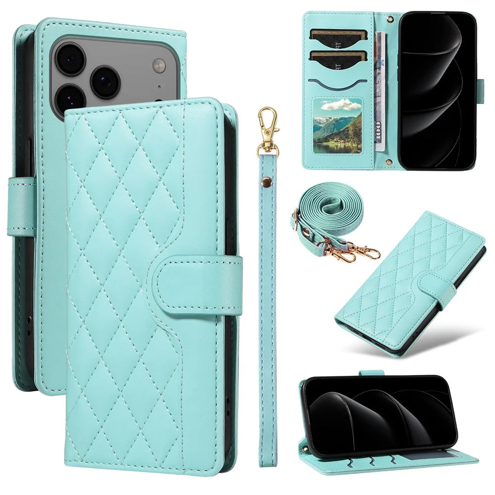 For iPhone 18 Pro Max / 17 Pro Max Wallet Case Rhombus Leather Phone Cover with Strap - Green - 1