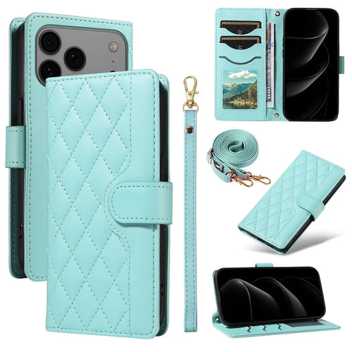 For iPhone 18 Pro Max / 17 Pro Max Wallet Case Rhombus Leather Phone Cover with Strap - Green - 1