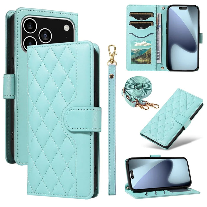 For iPhone 18 Pro / 17 Pro Wallet Case Rhombus Leather Phone Cover with Strap - Green - 1