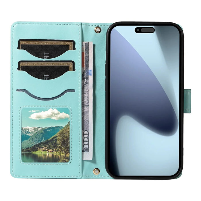 For iPhone 18 Pro / 17 Pro Wallet Case Rhombus Leather Phone Cover with Strap - Green - 2