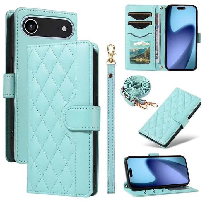 For iPhone Air Wallet Case Rhombus Leather Phone Cover with Strap - Green - 1