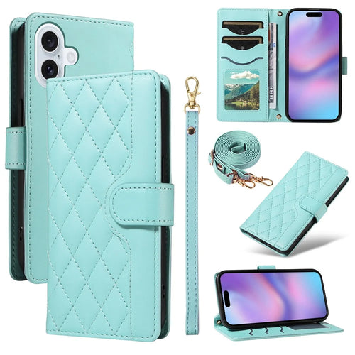 For iPhone 17 Wallet Case Rhombus Leather Phone Cover with Strap - Green - 1