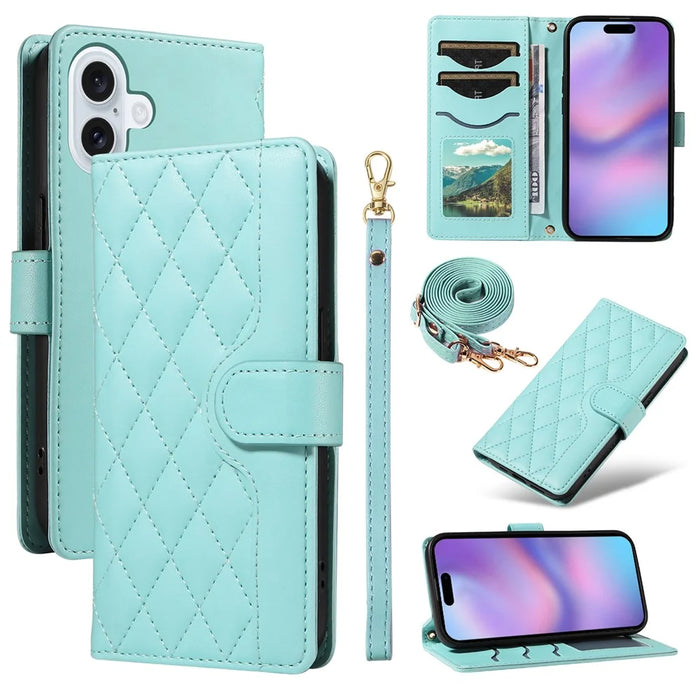 For iPhone 17 Wallet Case Rhombus Leather Phone Cover with Strap - Green - 1