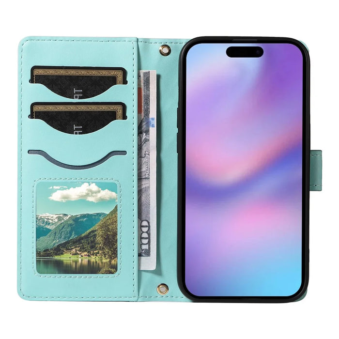For iPhone 17 Wallet Case Rhombus Leather Phone Cover with Strap - Green - 2