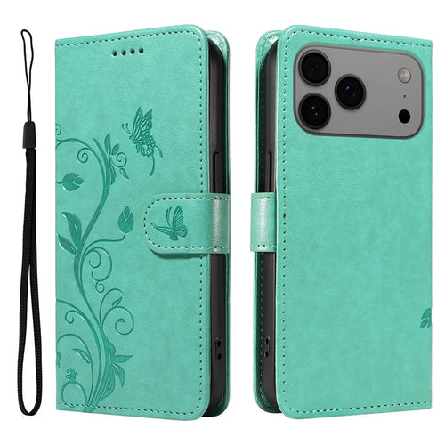 For iPhone 18 Pro Max / 17 Pro Max PU Leather Cases Flower Pattern Wallet Stand Phone Cover with Strap - Green - 1