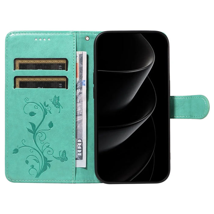 For iPhone 18 Pro Max / 17 Pro Max PU Leather Cases Flower Pattern Wallet Stand Phone Cover with Strap - Green - 2