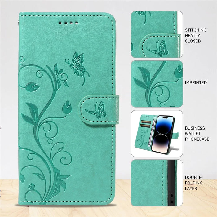 For iPhone 18 Pro Max / 17 Pro Max PU Leather Cases Flower Pattern Wallet Stand Phone Cover with Strap - Green - 4
