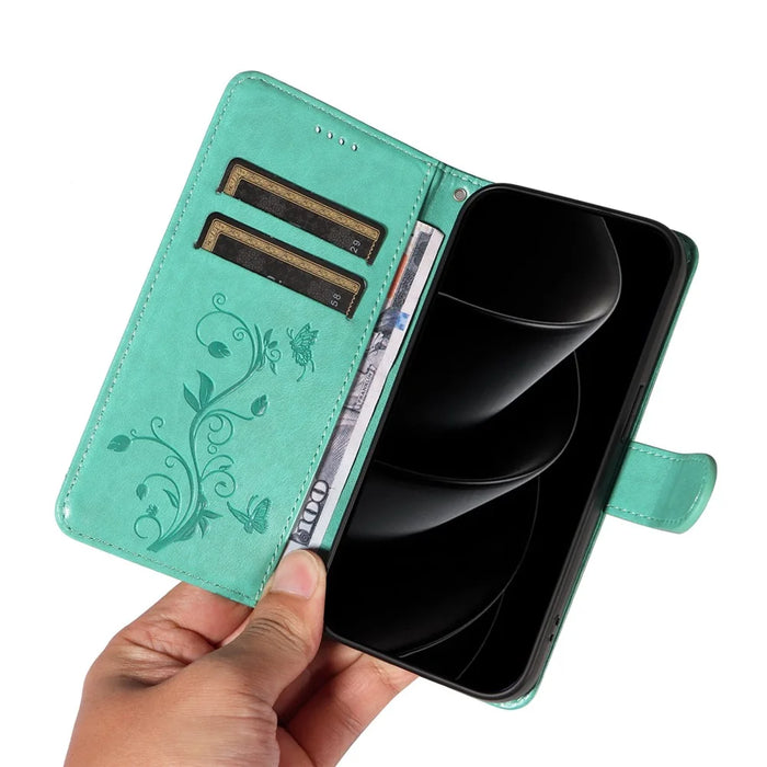 For iPhone 18 Pro Max / 17 Pro Max PU Leather Cases Flower Pattern Wallet Stand Phone Cover with Strap - Green - 7