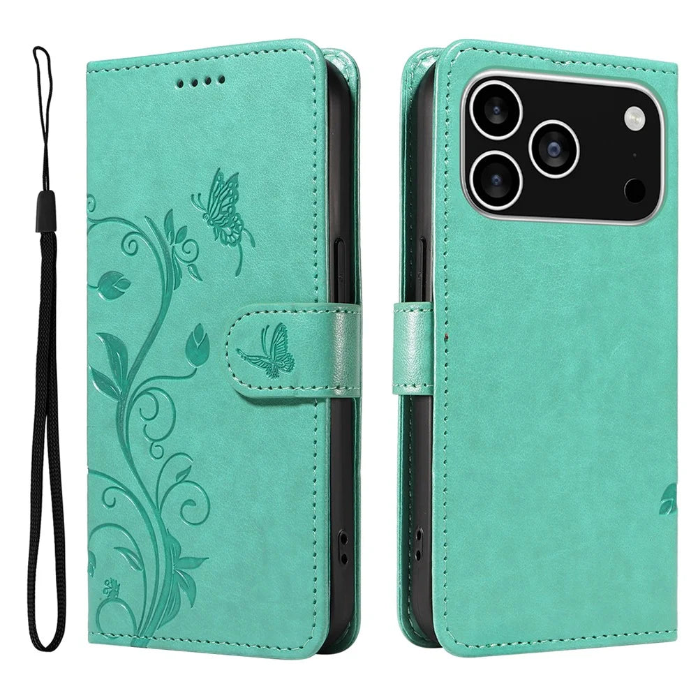 For iPhone 18 Pro / 17 Pro PU Leather Cases Flower Pattern Wallet Stand Phone Cover with Strap - Green - 1