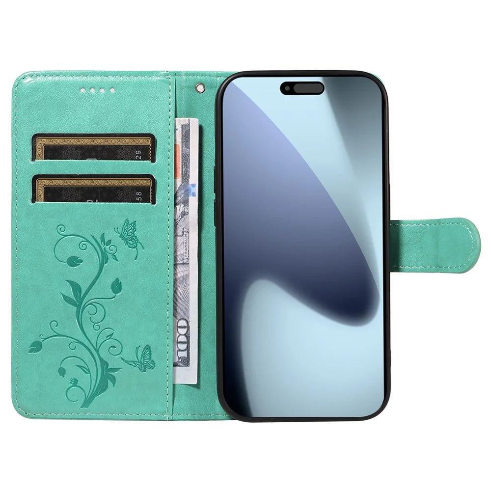 For iPhone 18 Pro / 17 Pro PU Leather Cases Flower Pattern Wallet Stand Phone Cover with Strap - Green - 2