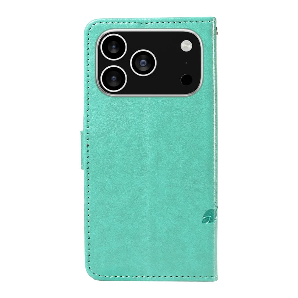 For iPhone 18 Pro / 17 Pro PU Leather Cases Flower Pattern Wallet Stand Phone Cover with Strap - Green - 6