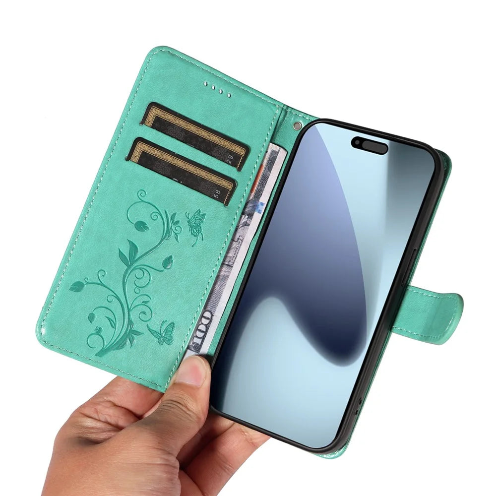 For iPhone 18 Pro / 17 Pro PU Leather Cases Flower Pattern Wallet Stand Phone Cover with Strap - Green - 7