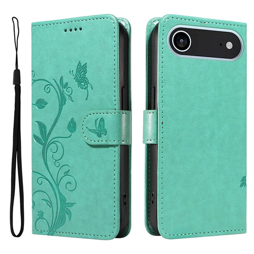 For iPhone Air PU Leather Cases Flower Pattern Wallet Stand Phone Cover with Strap - Green - 1