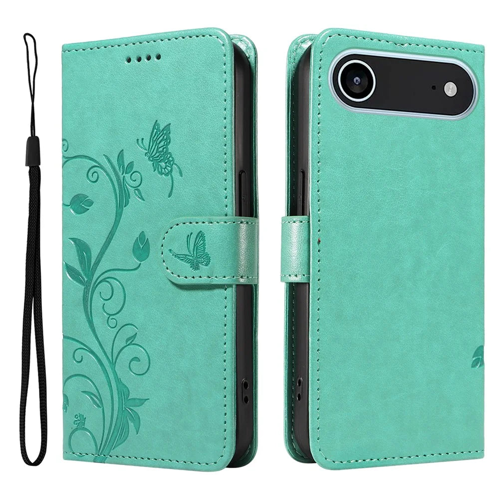 For iPhone Air PU Leather Cases Flower Pattern Wallet Stand Phone Cover with Strap - Green - 1