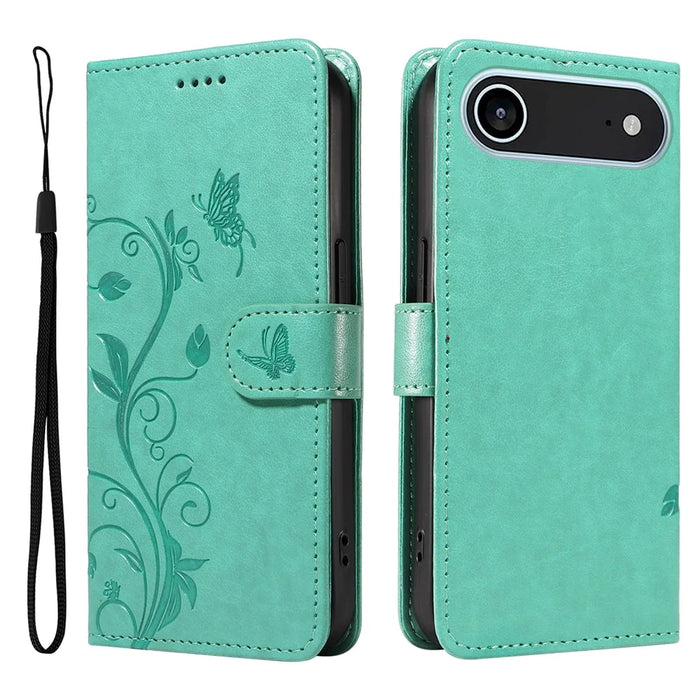 For iPhone Air PU Leather Cases Flower Pattern Wallet Stand Phone Cover with Strap - Green - 1