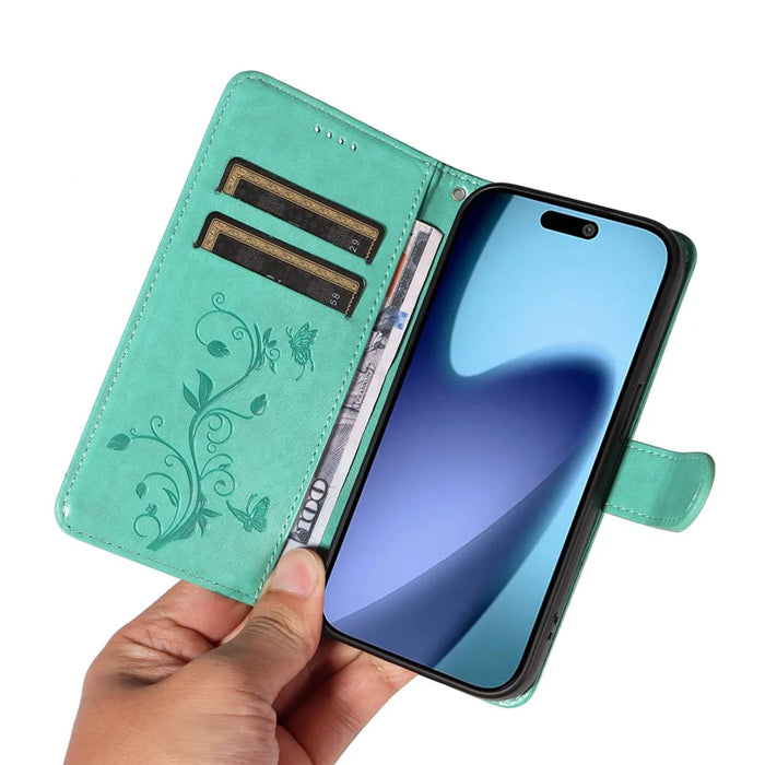 For iPhone Air PU Leather Cases Flower Pattern Wallet Stand Phone Cover with Strap - Green - 7