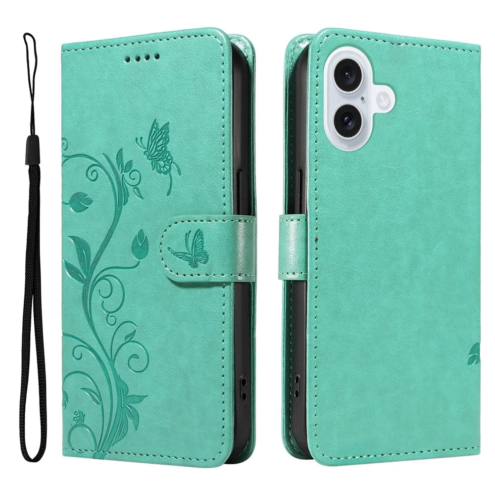 For iPhone 17 PU Leather Cases Flower Pattern Wallet Stand Phone Cover with Strap - Green - 1