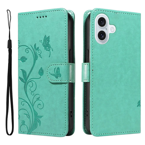 For iPhone 17 PU Leather Cases Flower Pattern Wallet Stand Phone Cover with Strap - Green - 1