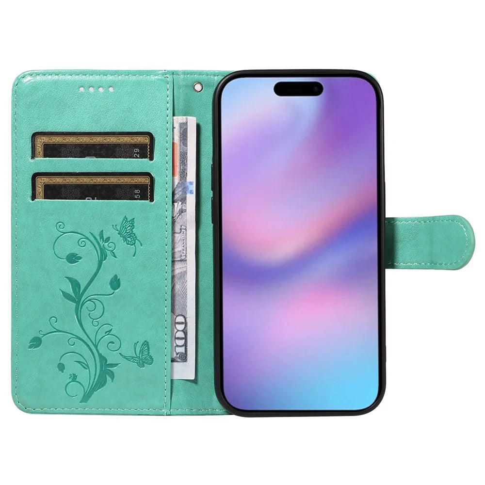 For iPhone 17 PU Leather Cases Flower Pattern Wallet Stand Phone Cover with Strap - Green - 2
