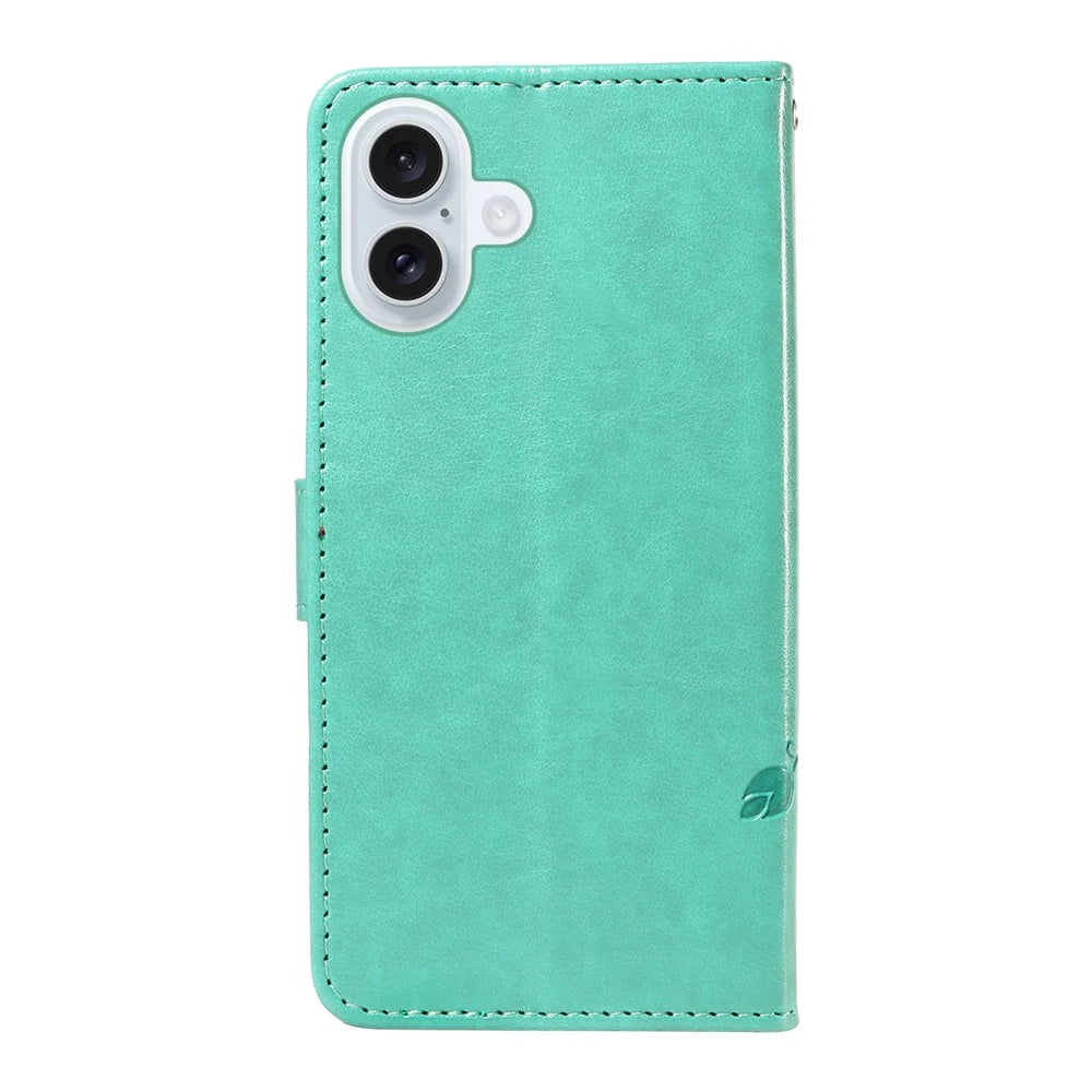 For iPhone 17 PU Leather Cases Flower Pattern Wallet Stand Phone Cover with Strap - Green - 6