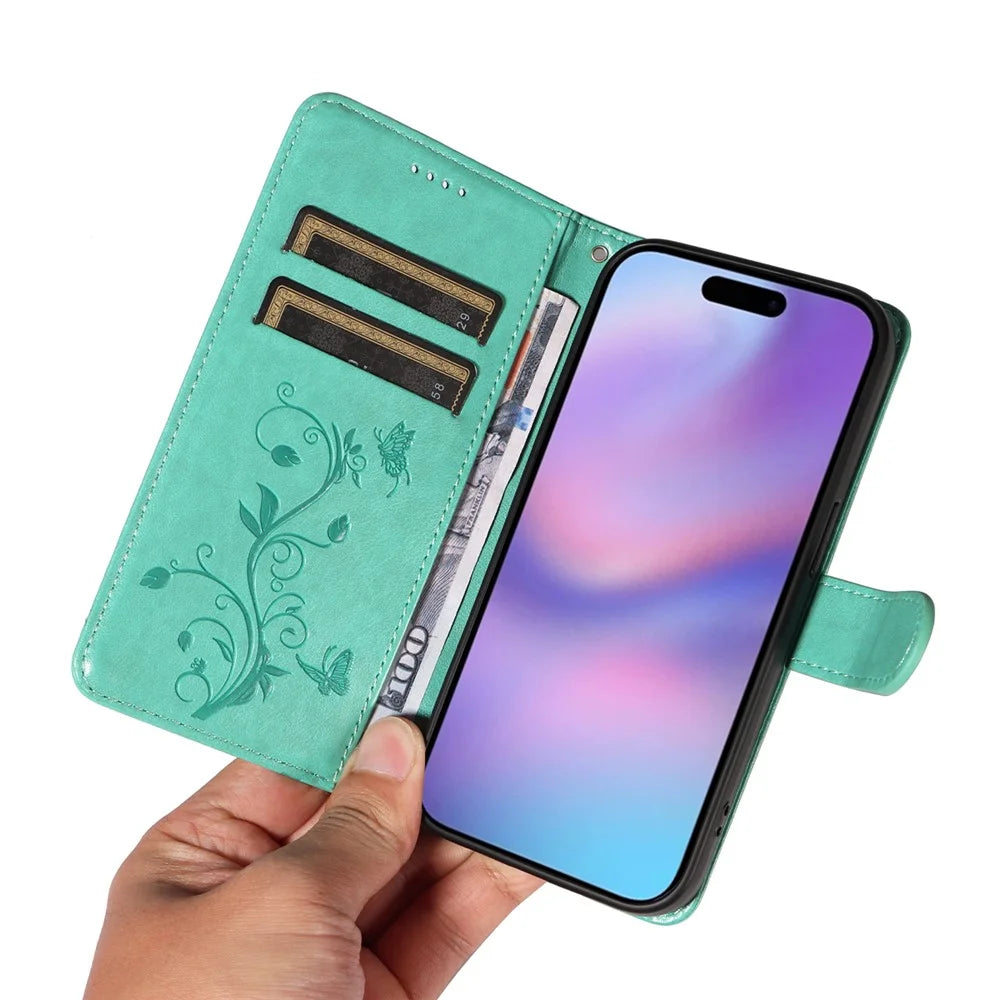 For iPhone 17 PU Leather Cases Flower Pattern Wallet Stand Phone Cover with Strap - Green - 7