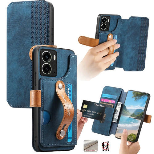 For Realme 14 5G Case Wallet Retro Leather Phone Cover with Wristband Kickstand - Blue - 1